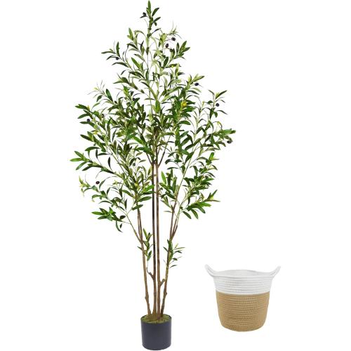 Warmplants 6ft (71”) Artificial Olive Tree, Tall Fake Olive Plant with Basket, Faux Olive Silk Tree for Mordern Indoor Home Livingroom Office Floor Corner Décor