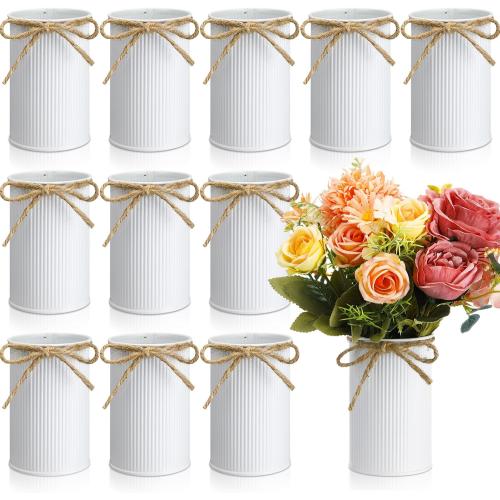 Domensi 4.33 Inch Petite Farmhouse Vase Decor Vintage Flower Vase with Twine Bow Rustic Galvanized Metal Buckets for Artificial Flowers for Table Centerpiece Weddings(White,12 Pcs)