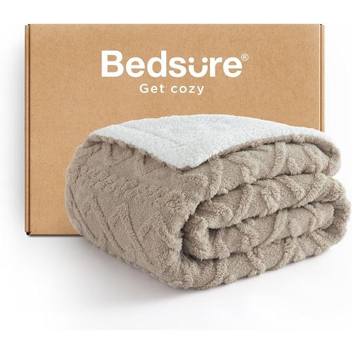 Bedsure Sherpa Fleece Throw Blanket for Couch - Soft Fluffy & Cozy Cable Jacquard Tufted Throw Blankets for Women Gift, Thick Warm Blanket for Winter and All Seasons, Beige, Large