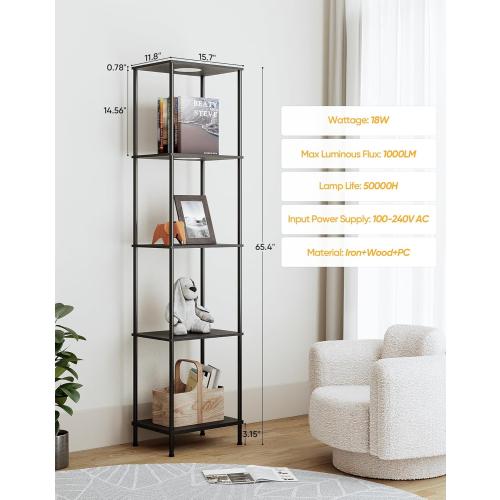 Display Shelf with RGBW Light, Color Changing Curio Cabinet Floor Lamp with Shelves Corner Standing Column Lamp Etagere Organizer Tower Nightstand Bookcase for Living Room Bedroom Office Décor Black