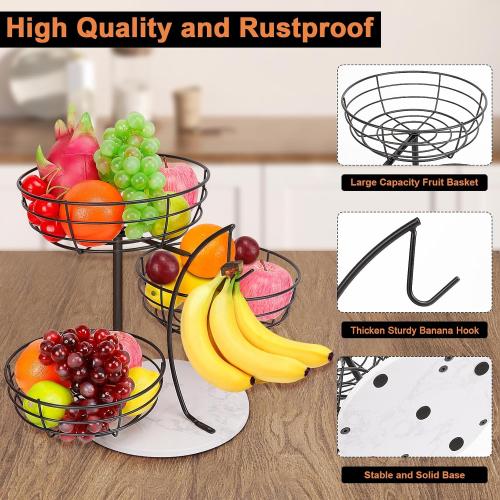 Livabber Fruit Basket Bowl with Banana Hanger, Metal Fruit Vegetable Storage Basket with Banana Holder for Kitchen Counter, Detachable Organizer for Bread Snack Produce (Black, 3-Tier Marble Base)