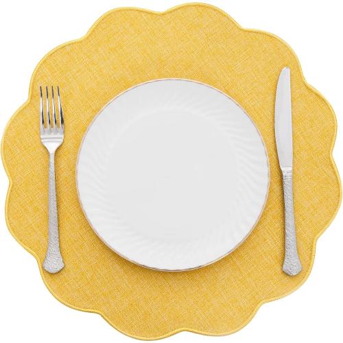 SHACOS Scalloped Round Placemats Set of 6 Polyester Linen Blend 15 inch Washable Non Slip Place Mats Easy Clean Heat Resistant Table Mats for Kitchen Dining Table Decor, Yellow