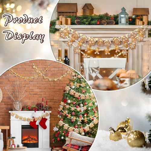 Youyole 3 Pcs Wooden Gingerbread Garland Banner LED Christmas Wooden Bead Gingerbread Man House Snowflake Decoration 5.9 ft Rustic Hanging Banner for Mantel Fireplace Holiday Room Wall Decoration