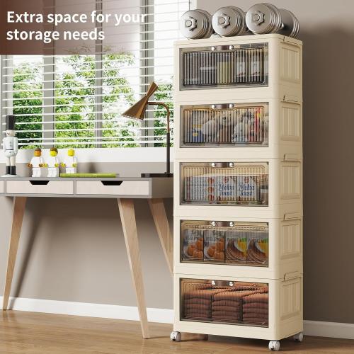 WHITE 5 Tier - 48QT Storage Bins with Lids, Collapsible Storage Bins with Doors and Wheels, Plastic Storage Cabinet for Easy Storage and Organization for Living Room, Office