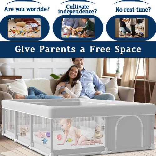 Grey Playpen for Babies and Toddlers, Play Pen Indoor & Outdoor Active Center, Sturdy Safety Playard with Anti Slip Suction Cups, Skin-Friendly Fabric, Large Space Baby Fence