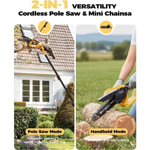 Cordless Pole Saw & Mini Chainsaw, 2-in-1 Lightweight Electric Pole Saw for Tree Trimming, Battery Powered with Brushless Motor, 2x2.0Ah Batteries (SN3014)