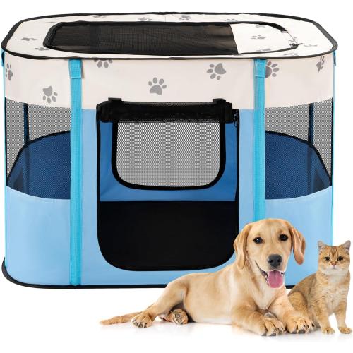 Avont Portable Dog Cat Playpen, Foldable Pop Up Pet Play Pen Travel Crate with Floor and Mesh Door Top for Indoor Outdoor Collapsible Tent Cage -S, Blue