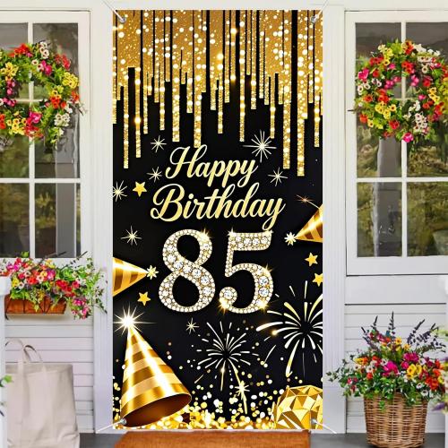 85th Birthday Door Cover 71x35 Inch Black and Gold Birthday Door Banner for Party Decorations Diamond Number Backdrop Sign for Women Men Adults Photo Booth Prop Wall Decor