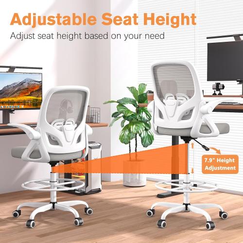 WHITE Tall Drafting Chair with Lumbar Support and Footrest Ring, Supportive Tall Extended Height Ergonomic Desk Chair for Home Work, Breathable Mesh Office Chair with Flip up Arms(Gray)