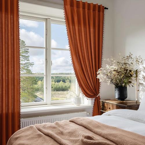 SMABU Terracotta Boho Linen Curtains 84 Inches Long 2 Panels Set, Light Filtering Semi Sheer Drapes with Back Tab & Rod Pocket, Tassel Decor for Bohemian Farmhouse Living Room, Bedroom, 52x84