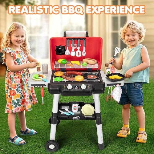 Kids Play Kitchen Toys, Kids BBQ Grill Playset with Smoke Sound Light, 2-Layer Barbecue Toy with Wheels, Outdoor Play Food Toys Cooking Set for Toddlers 3-5, Birthday for Boys Girls