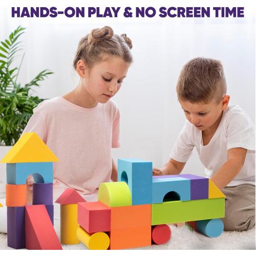 Set of 34 Large Foam Blocks for Toddlers - Stacking Soft Blocks for Kids with Shapes & Colors Learning - Construction Building Preschool Toys - Soft Toy for Daycare Toddlers 3-5 & Above