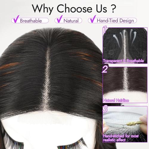 Black Mix Brown Short Wavy Wig for Women Lace Hairline Bob Style Synthetic Heat Resistant - Natural Appearance for Everyday Hairstyle 14 Inch