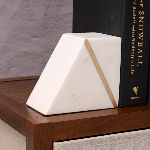 2 Pack White Marble and Gold Cork & Mill Marble Book Ends for Shelves, Decorative Bookends for Heavy Books, Unique Mid Century Modern White and Gold Bookends with Brass Inlay, Heavy Duty Bookshelf Stopper, Set of 2