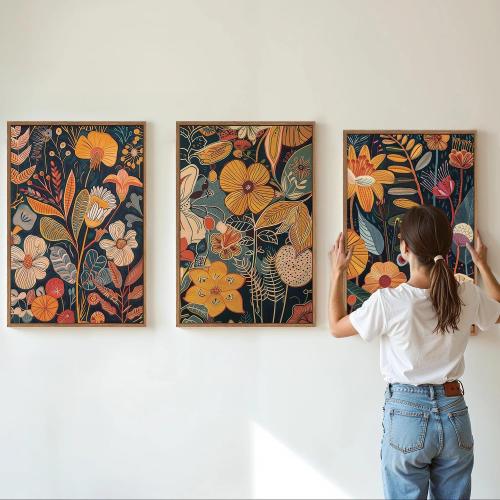 Set of 3 Size 24x36x3 SIGNINART Boho Botanical Framed Canvas Wall Art Set of 3, Mid Century Modern Wall Decor, Burnt Orange Floral Artwork, Neutral Flower Plant Art Prints for Bedroom Living Room Office