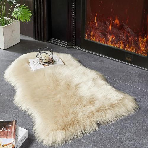 AMTOVO Faux Fur Rug, Beige Small Area Rug, Fluffy Sheepskin Rug, Fuzzy Ultra Soft 2 x 3 ft Shag Rugs for Bedroom Sofa Throw Cushion Room Decor, Sheepskin