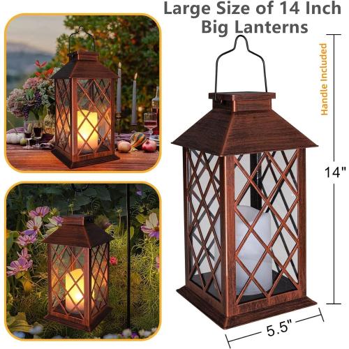 TAKE ME Size  14 Solar Lantern Outdoor Garden Hanging Lantern Waterproof LED Flickering Flameless Candle Mission Lights for Table,Outdoor,Mothers Day Gifts Mom Wife