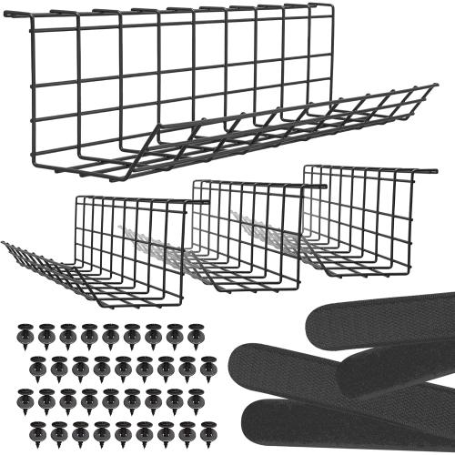 Under Desk Cable Tray, Cord Organizer for Wire, Cord Management, Under Desk, Wire Holders - Black Tray - Set of 4X 17