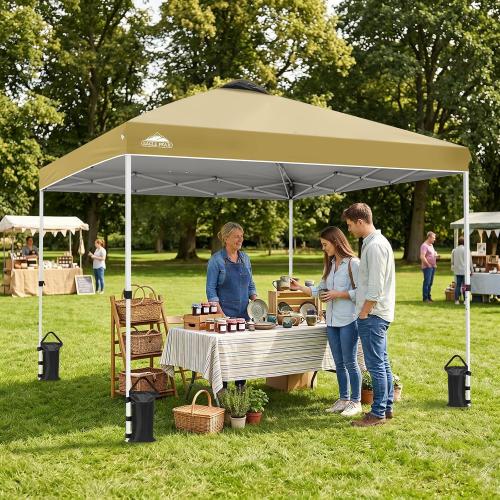 EAGLE PEAK 10x10 Pop Up Canopy Tent Easy Up Canopy Outdoor, Beige | Patented PeakPush™ Center Lock, 1 Person Setup Portable Pop Up Tent, Beach, Markets, Camping Sport Events, Wheeled Carry Bag