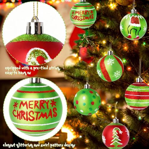 Christma Ornament Set,12 Pcs Christmas Tree Hanging Decorations, 2.36 Inch Green and Red Grinch Christmas Balls, Shatterproof Christmas Ornaments for Xmas Tree, Holiday Party Decor
