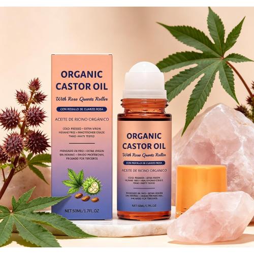 Organic Castor Oil with Rose Quartz Roller, 100% Pure Cold-Pressed, Organic Castor Oil Roll On Rose Quartz, Hexane-Free,Amber Glass Bottle for Skin 1.7oz (1 PCS)