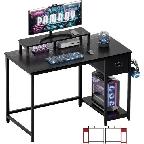 Pamray 39 Inch Computer Desk with Monitor Stand Small Home Office Desks with Non-Woven Storage Drawer for Bedroom Study Table Writing and Work Desk Black