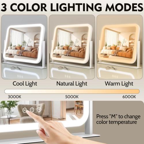 ROLOVE Lighted Makeup Mirror, 17x13 Vanity Mirror with Lights, 10X Magnification, Gifts for Women, 3 Color Lighting Modes, Smart Touch Control, 360° Rotation for Bedroom or Tabletop (White)