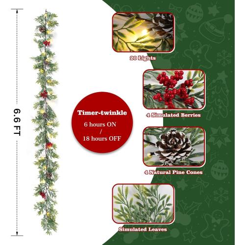 6 FT Artificial Christmas Garland, Faux Cypress Leaf Evergreen Garland with 20 LED Lights, Red Berries and Pinecones, Green-Yellow Leaves, Timer, Perfect for Indoor Outdoor Window Mantel