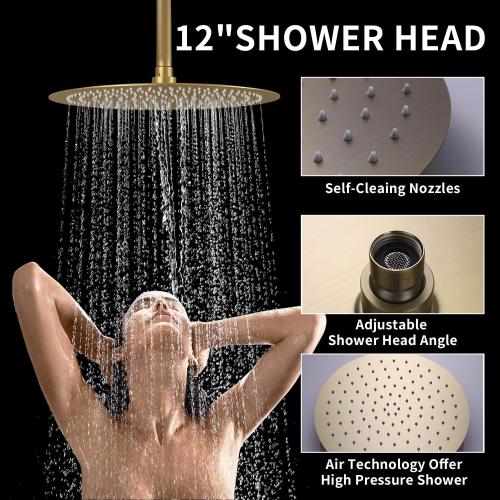 12Inch Brushed Gold Ceiling Shower System & 8Inch Wall-Mount Shower Faucet Set, 2 in 1 Handheld with Adjustable Slide Bar Included Temperature Display Valve and Trim Kit Can Work At Once