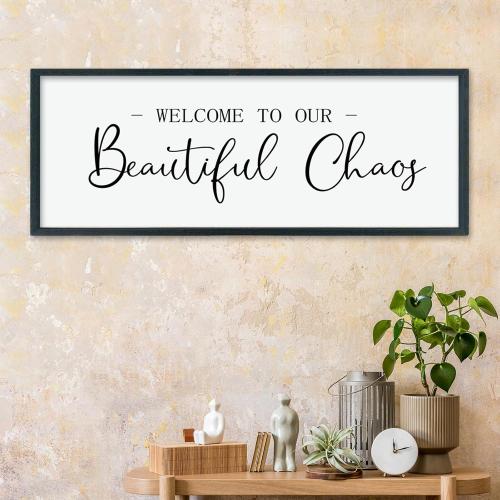 LuZhiQiang Welcome To Our Beautiful Chaos Sign Wall Decor 40×15 for Home Living Room Entryway Bedroom Large Wood Framed Wall Hanging Art (Black)