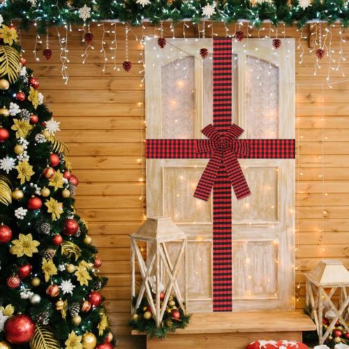 FOIMAS Christmas Cabinet Door Ribbon Bow 14inch Large Buffalo Plaid Door Ribbon Bows for Xmas Front Door Cabinet Home Decoration, Red and Black