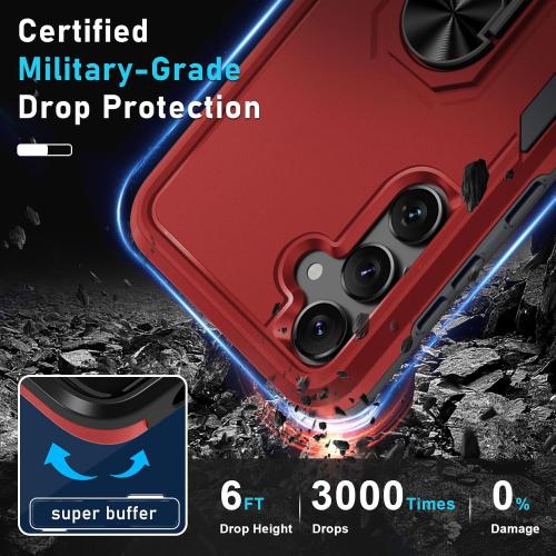 Compatible with Samsung Galaxy S24/S25 Case with Screen Protector Tempered Glass,Heavy Duty Shockproof Full Body Phone Cover Built in Metal Ring Holder Kickstand,2025 Red