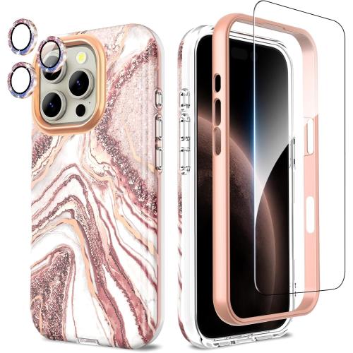 Compatible with iPhone 16 Pro Case with Glitter Camera Lens Protector Screen Protector 360 Full Body Protective Case Stylish Shockproof Anti-Scratch Phone Case Cover for iPhone 16 Pro 6.3'',Rose Gold
