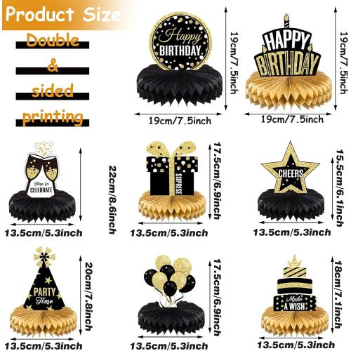8 Pieces Happy Birthday Party Decorations Supplies Birthday Honeycomb Centerpieces Table Toppers for Party Favor Photo Booth Props, Black and Gold