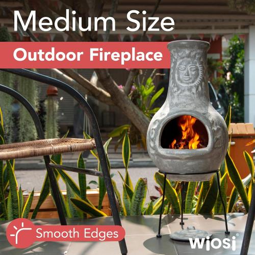 Medium Chiminea Outdoor Fireplace Grey Clay Chimineas with Chimney Rain Lids and Solid Metal Stands - Grey Terracotta Chimenea - Rustic Fire Pit Chimnea 16 x 16 x 32-inch