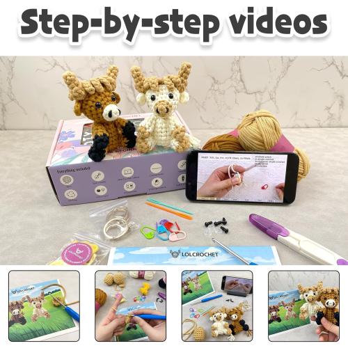 Cute Puppy Crochet Kit for Beginners, Learn to Crochet Animal Starter Set with Video Tutorial & Crocheting Manual, Easy Yarn Knitting Kit for Adult, Stuffed Dog Craft Doll Xmas Gift