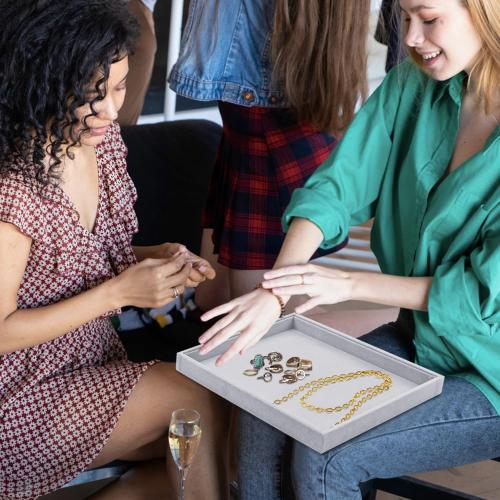 Grey 4 Pack Lainrrew Jewelry Tray, 4 Pack Jewelry Organizer Velvet Jewelry Tray Stackable Jewelry Trays, Necklace & Earring Holder, Divided Bracelet & Ring Storage- Elegant Display Case (Gray)