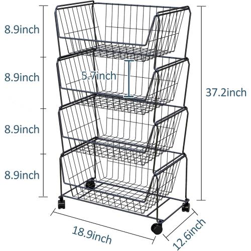 PUSDON 4-Tier Large Stackable Wire Storage Baskets with Wheels, Metal Rolling Utility Cart Organizer, Produce Basket for Kitchen Pantry, Floor Shelf, Matte Black