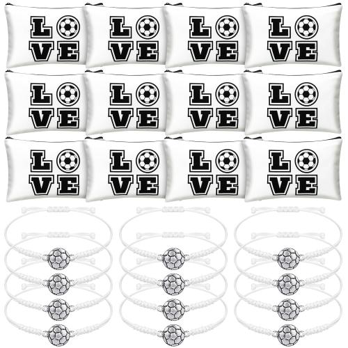 Sweetude 24 Pcs Soccer Gifts Bulk Adjustable Bracelet and Makeup Bag, White