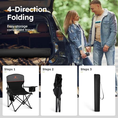 ALPHA CAMP Camping Chairs 350LBS Capacity, Heavy Duty Folding Chair with 4-Can Cooler Bag, Portable Outdoor Chair with Cup Holder for Adults, Collapsible for Tailgating, Beach, Fishing,Black,2PC