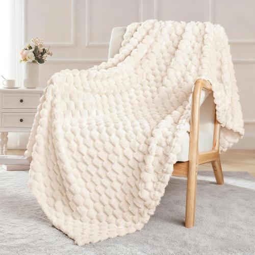 Exclusivo Mezcla Extra Large Fleece Throw Blanket for Couch, 50x70 Inches Stylish Jacquard Soft Throw Blanket, Fuzzy Cozy Lightweight for Winter, Ivory