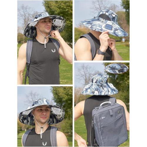 Mens Sun Hat with 2 Fan, Summer Cooling Wide Brim Bucket Hat, Beach Hat Garden Hat, Solar   USB Dual Power Supply