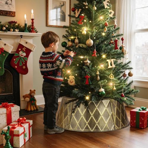 Lanpn Metal Christmas Tree Collar 24 inch, Christmas Tree Ring Collar for Small Mini Pencil Xmas Stand Cover Real Artificial Trees Indoor Outdoor Decoration (Gold, Diamond)