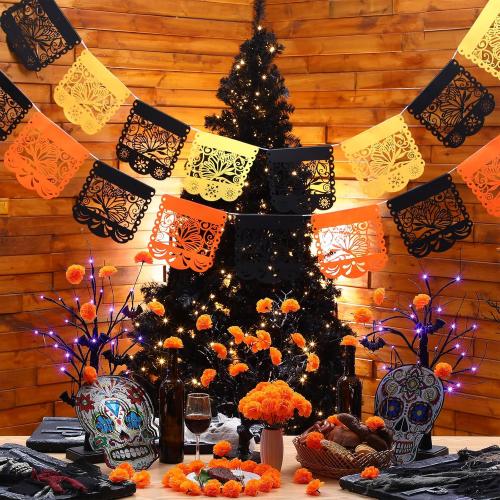 Riceshoot 52 Pieces Day of the Dead Decorations Set Fiesta Artificial Marigold Flower Heads with Stems Monarch Butterfly Felt Mexican Party Banner for Dia De Los Muertos Altar Diwali Decor