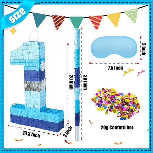 PCFING 20 Inch Number 1 Piñata Blue Silver with 30 Inch Piñata Stick Blindfold Confetti for Boys Girls Adults Birthday Party Decorations, Anniversary Celebration, Fiesta