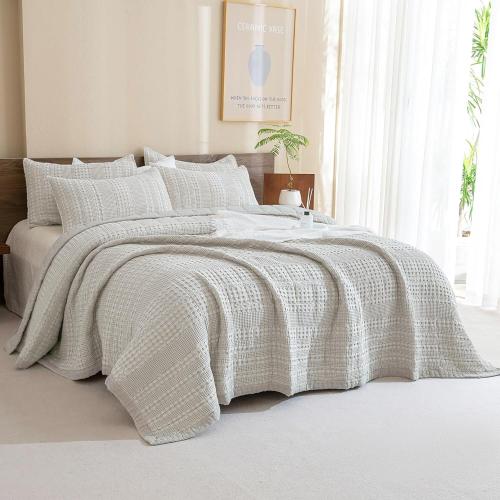 CozyTide Oversized King Quilt 120x120,100% Cotton Waffle Weave Khaki Bedspread,3 Piece Ultra Soft California King Quilted Coverlet Set Farmhouse Shabby Bedding Set