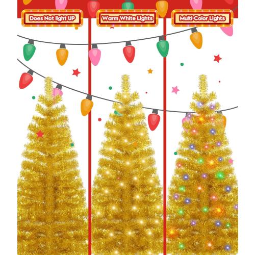 Pre-Lit Artificial Christmas Tree, Warm White Lights, Colorful Lights, Includes Stand, 4 feet (Gold)