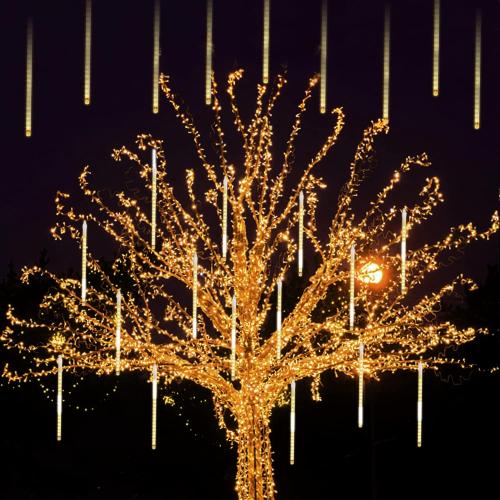 LJLNION 24 Tubes Meteor Shower Lights, Outdoor Icicles Christmas Decor, 12 Inch 864 LED Snow Falling Connectable Raindrop Lights, Xmas Wedding Party Tree Holiday Decoration, Warm White