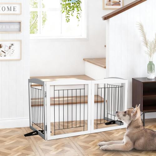 Dog Fence Indoor,Dog Gate Indoor for Doorway pet gate -3-Panel Freestanding, Hallways, House or Stairs -60x24-Inch Retractable Foldable Expandable Wood Pet by SFJC (White)