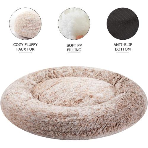 Bedfolks Calming Donut Dog Bed, 36 Inches Round Fluffy for Large Dogs, Anti-Anxiety Plush, Machine Washable (Brown, Large)